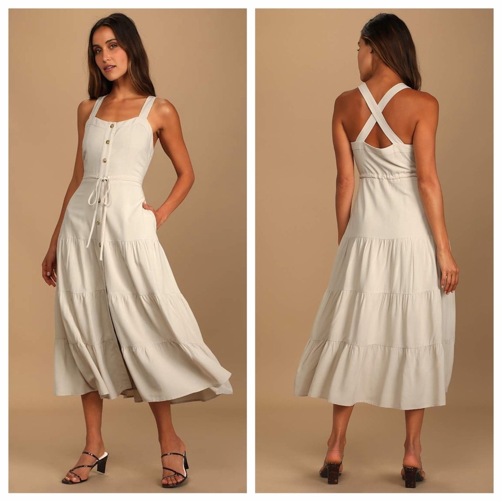 Lulu's See the City Beige Button-Front Tiered Midi Dress